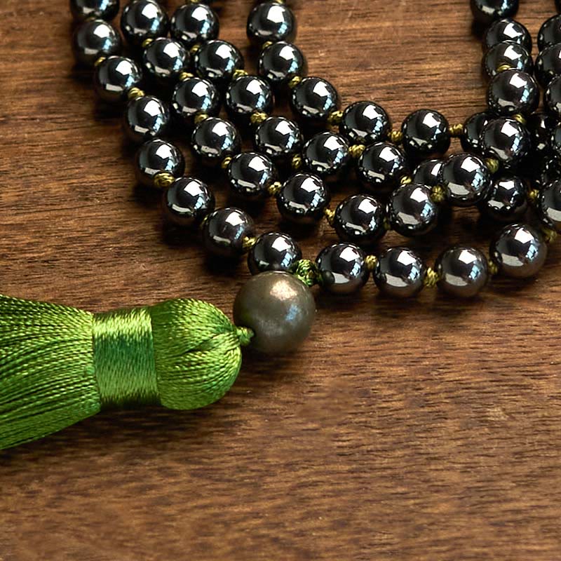 Buddha Stones 108 Mala Koraliki Naturalny Kamień Hematyt Tassel Potężna Bransoletka
