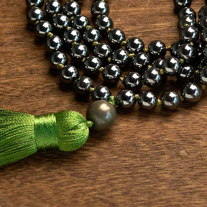 Buddha Stones 108 Mala Koraliki Naturalny Kamień Hematyt Tassel Potężna Bransoletka