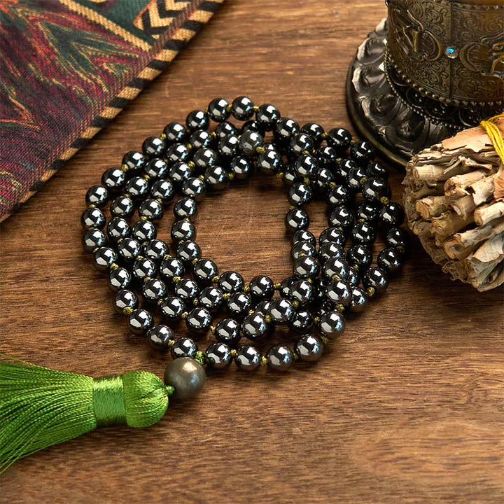 Buddha Stones 108 Mala Koraliki Naturalny Kamień Hematyt Tassel Potężna Bransoletka