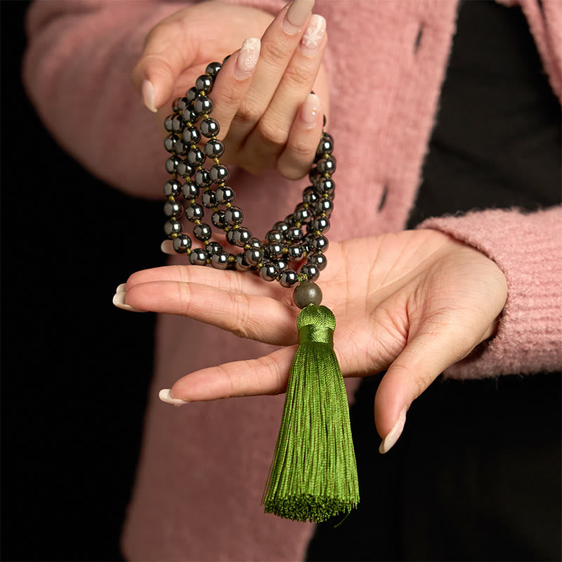 Buddha Stones 108 Mala Koraliki Naturalny Kamień Hematyt Tassel Potężna Bransoletka