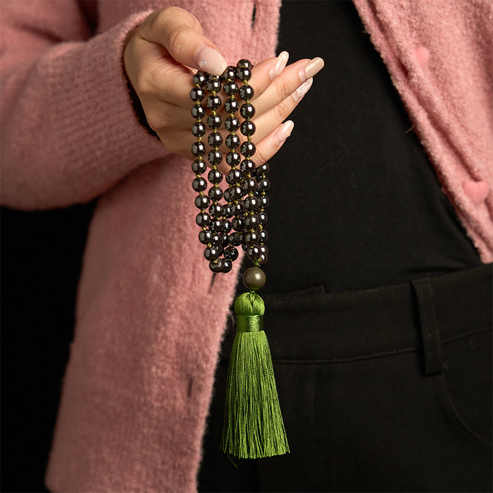 Buddha Stones 108 Mala Koraliki Naturalny Kamień Hematyt Tassel Potężna Bransoletka