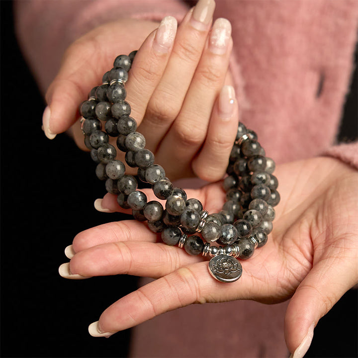Buddha Stones 108 Koraliki Mala Wielowarstwowe Naturalne Czarne Błyszczące Kamień Bransoletka Lotus Positivity