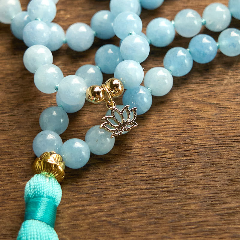 Buddha Stones 108 Mala Koraliki Naturalny Kamień Akwamaryn Tassel Lotus Healing Bransoletka
