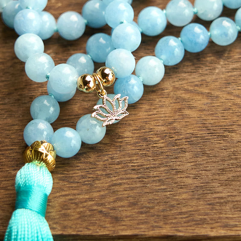 Buddha Stones 108 Mala Koraliki Naturalny Kamień Akwamaryn Tassel Lotus Healing Bransoletka