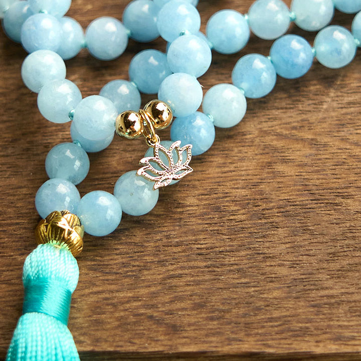 Buddha Stones 108 Mala Koraliki Naturalny Kamień Akwamaryn Tassel Lotus Healing Bransoletka