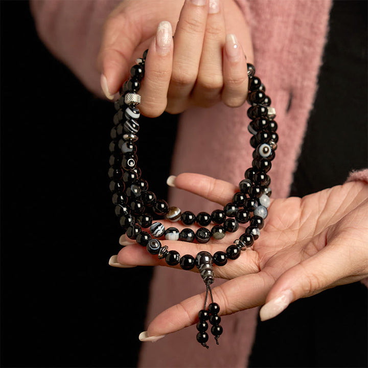 Buddha Stones 108 Koraliki Mala Naturalny Kamień Czarny Onyks Bransoletka Ochronna