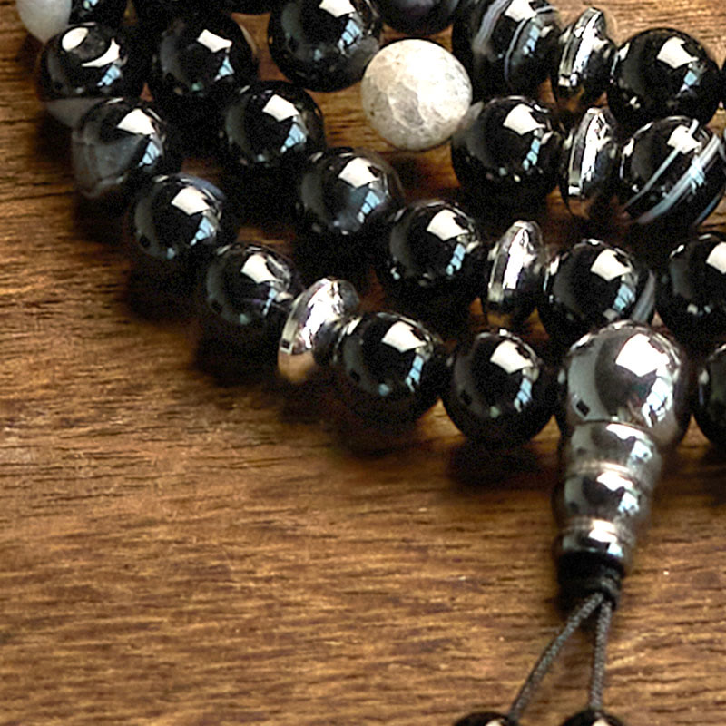 Buddha Stones 108 Koraliki Mala Naturalny Kamień Czarny Onyks Bransoletka Ochronna
