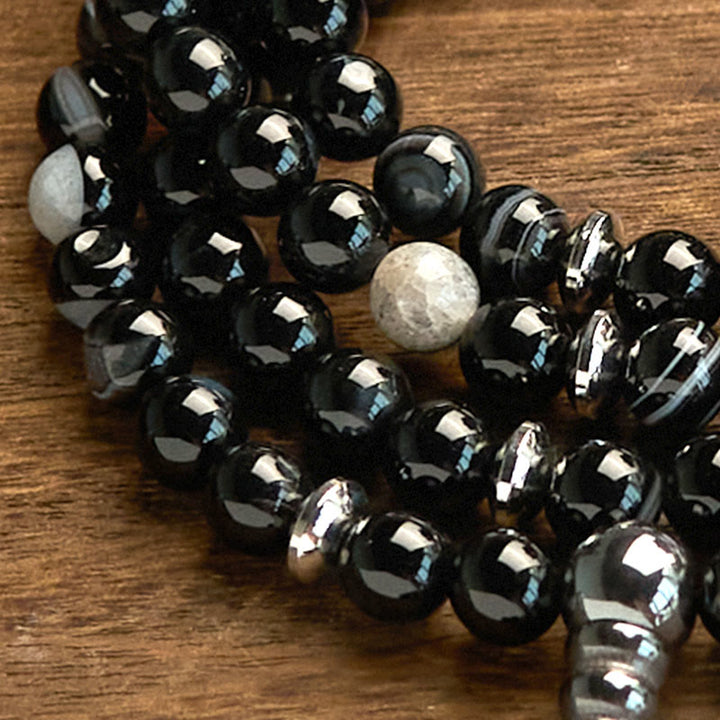 Buddha Stones 108 Koraliki Mala Naturalny Kamień Czarny Onyks Bransoletka Ochronna