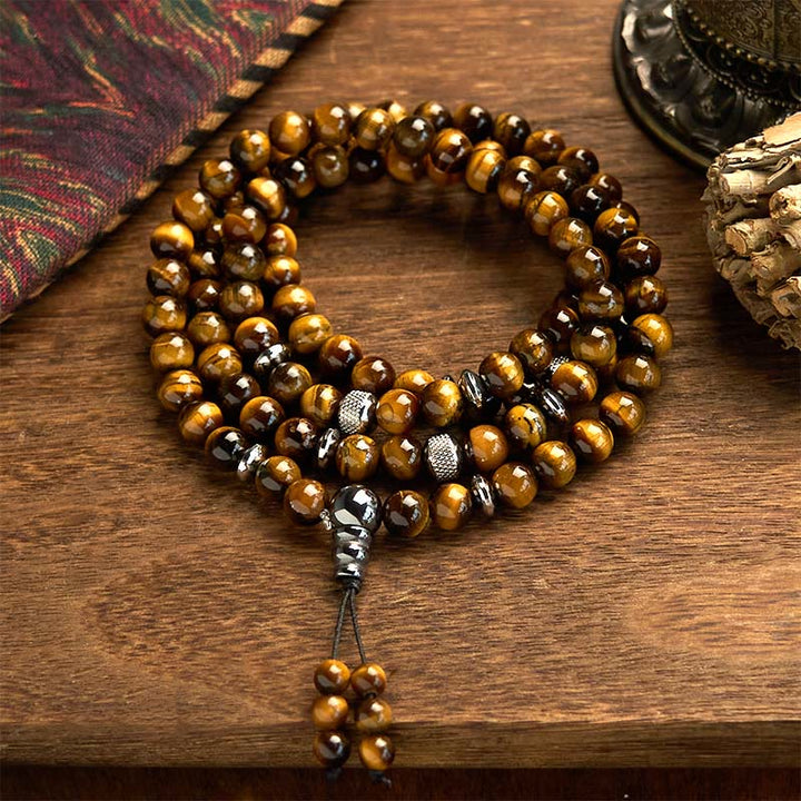Buddha Stones 108 Koraliki Mala Naturalny Kamień Tygrysie Oko Wieloobrotowa Bransoletka Ochronna