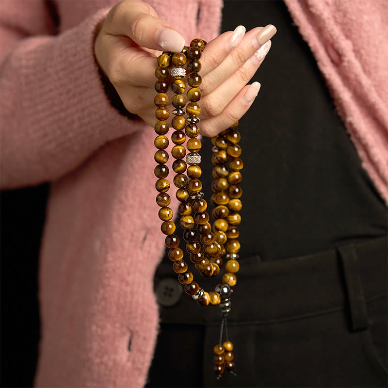Buddha Stones 108 Koraliki Mala Naturalny Kamień Tygrysie Oko Wieloobrotowa Bransoletka Ochronna