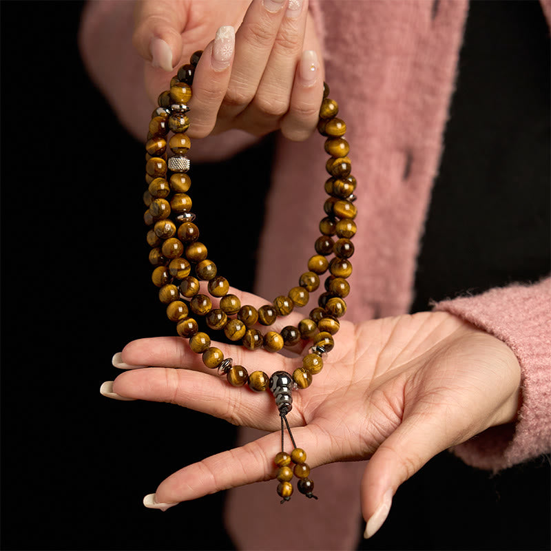 Buddha Stones 108 Koraliki Mala Naturalny Kamień Tygrysie Oko Wieloobrotowa Bransoletka Ochronna