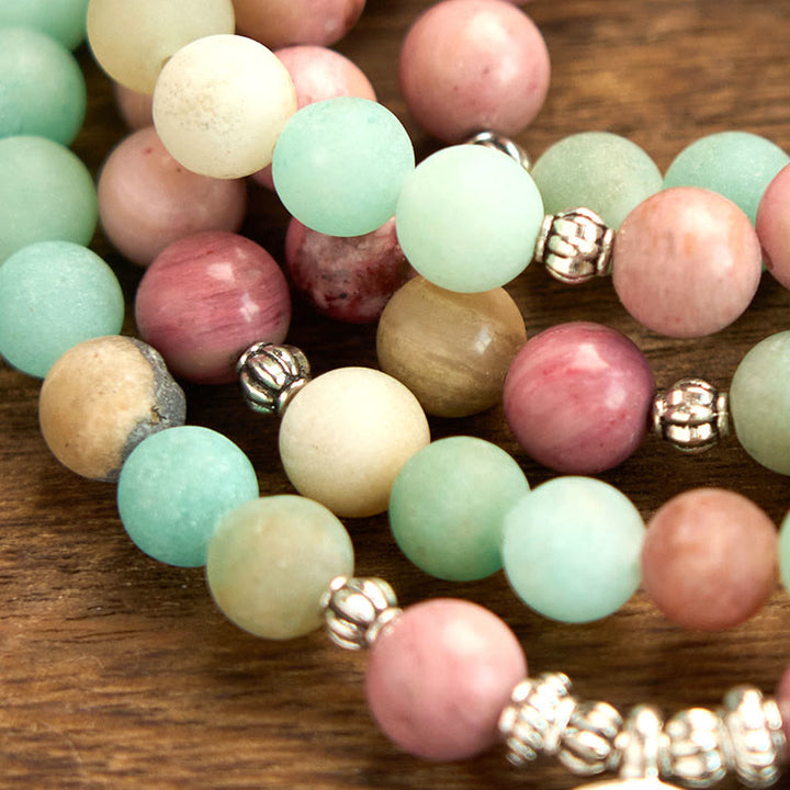 Buddha Stones 108 Mala Beads Rodonit Amazonit Bransoletka lecznicza Lotus