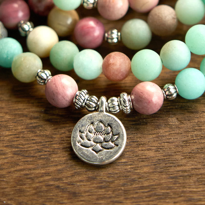 Buddha Stones 108 Mala Beads Rodonit Amazonit Bransoletka lecznicza Lotus