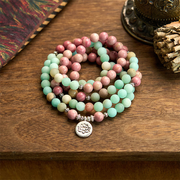Buddha Stones 108 Mala Beads Rodonit Amazonit Bransoletka lecznicza Lotus
