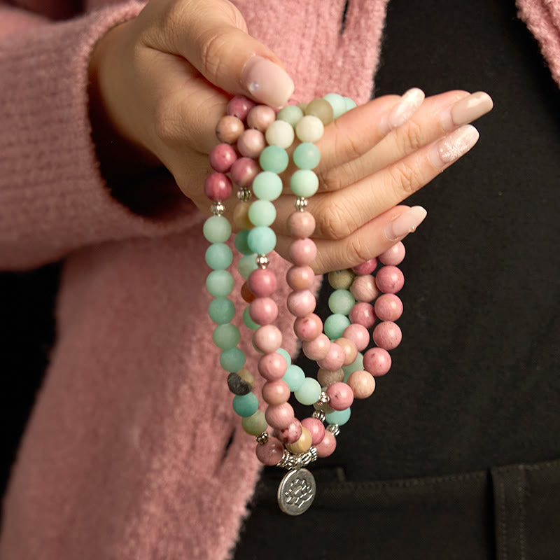 Buddha Stones 108 Mala Beads Rodonit Amazonit Bransoletka lecznicza Lotus
