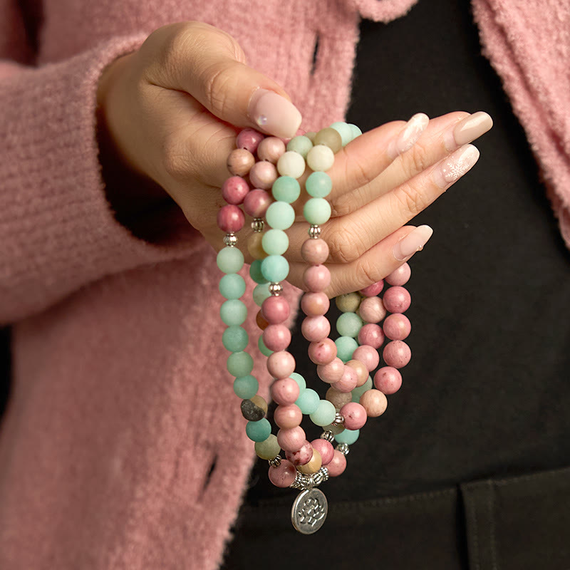 Buddha Stones 108 Mala Beads Rodonit Amazonit Bransoletka lecznicza Lotus