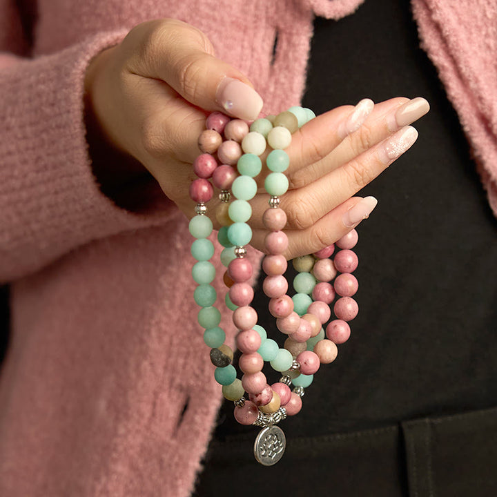 Buddha Stones 108 Mala Beads Rodonit Amazonit Bransoletka lecznicza Lotus