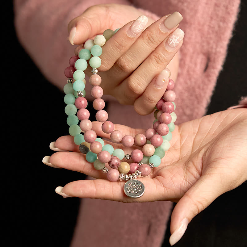 Buddha Stones 108 Mala Beads Rodonit Amazonit Bransoletka lecznicza Lotus