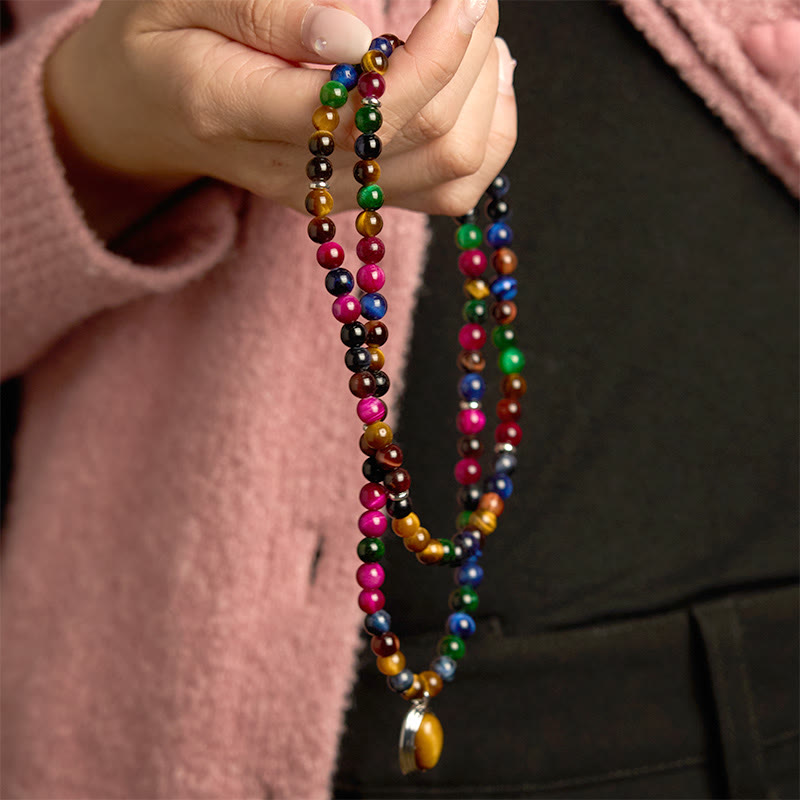 Buddha Stones 108 Mala Beads Naturalne Kolorowe Tygrysie Oko Kamień Wieloobrotowa Bransoletka Ochronna
