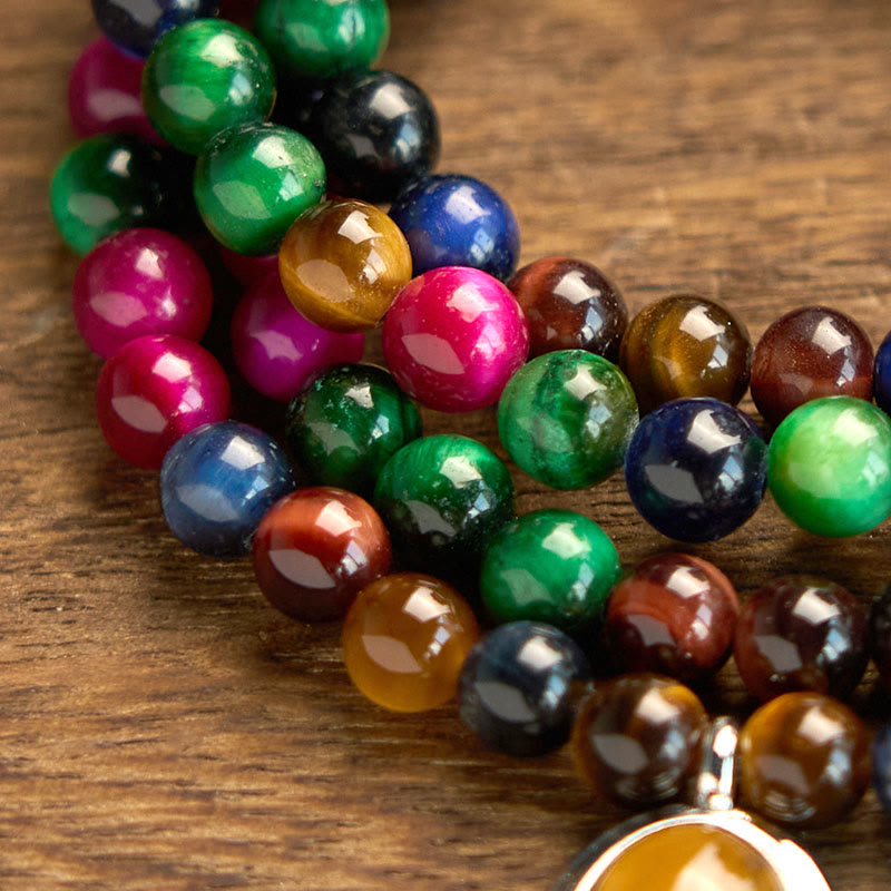 Buddha Stones 108 Mala Beads Naturalne Kolorowe Tygrysie Oko Kamień Wieloobrotowa Bransoletka Ochronna