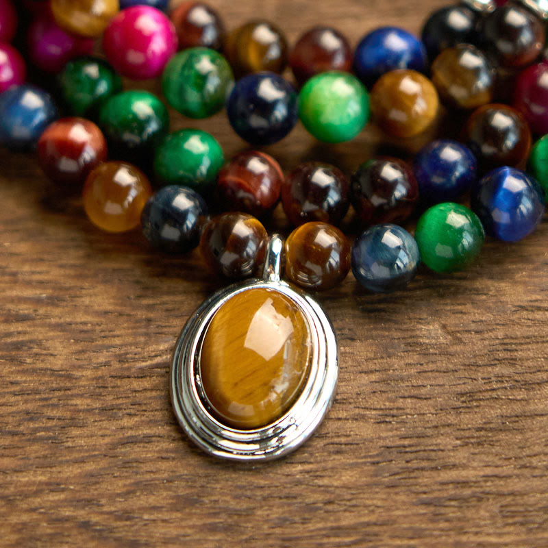 Buddha Stones 108 Mala Beads Naturalne Kolorowe Tygrysie Oko Kamień Wieloobrotowa Bransoletka Ochronna - image 7
