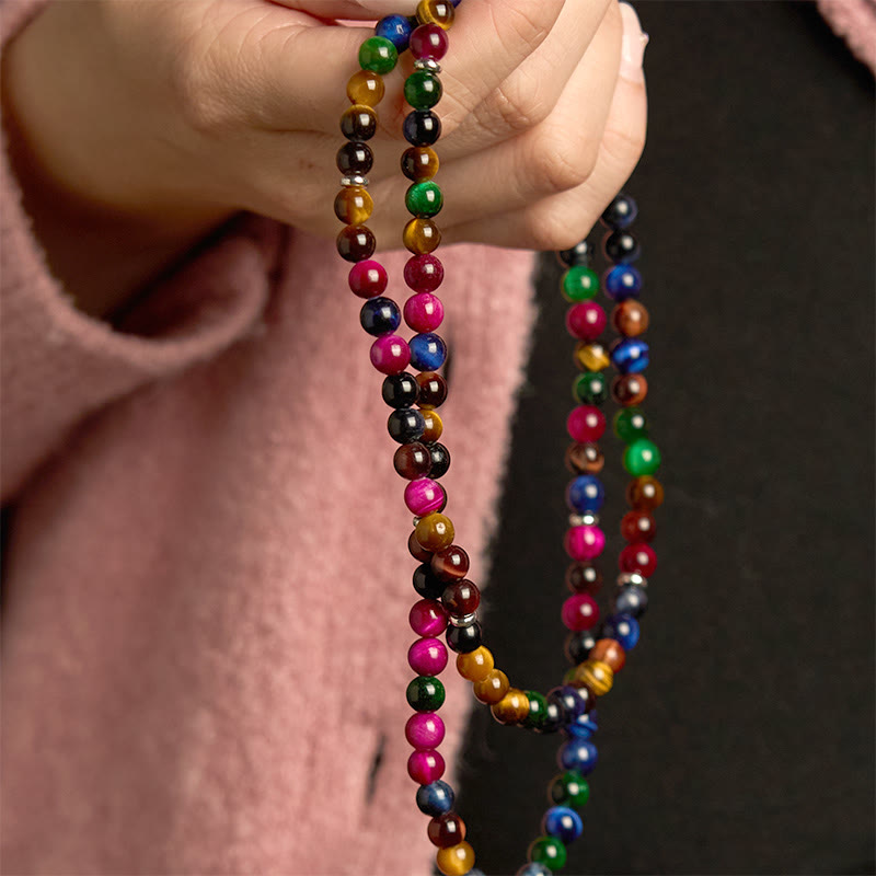 Buddha Stones 108 Mala Beads Naturalne Kolorowe Tygrysie Oko Kamień Wieloobrotowa Bransoletka Ochronna