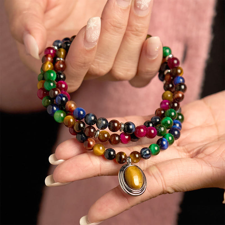 Buddha Stones 108 Mala Beads Naturalne Kolorowe Tygrysie Oko Kamień Wieloobrotowa Bransoletka Ochronna - image 3