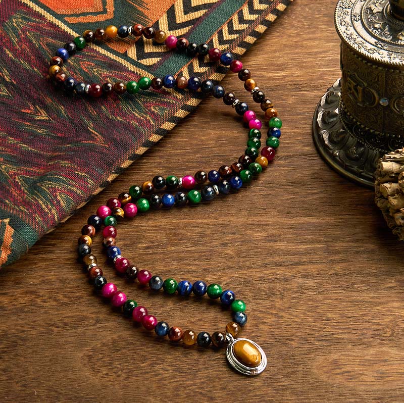 Buddha Stones 108 Mala Beads Naturalne Kolorowe Tygrysie Oko Kamień Wieloobrotowa Bransoletka Ochronna - image 1