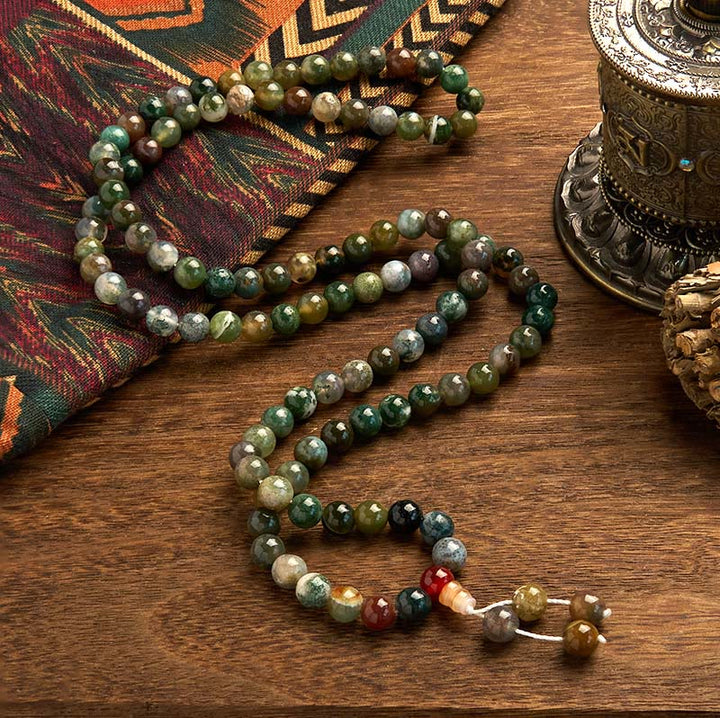 Buddha Stones 108 Koraliki Mala Naturalny Kamień Agat Mchu Wieloobrotowa Bransoletka Lecznicza