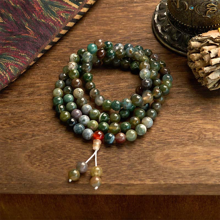 Buddha Stones 108 Koraliki Mala Naturalny Kamień Agat Mchu Wieloobrotowa Bransoletka Lecznicza