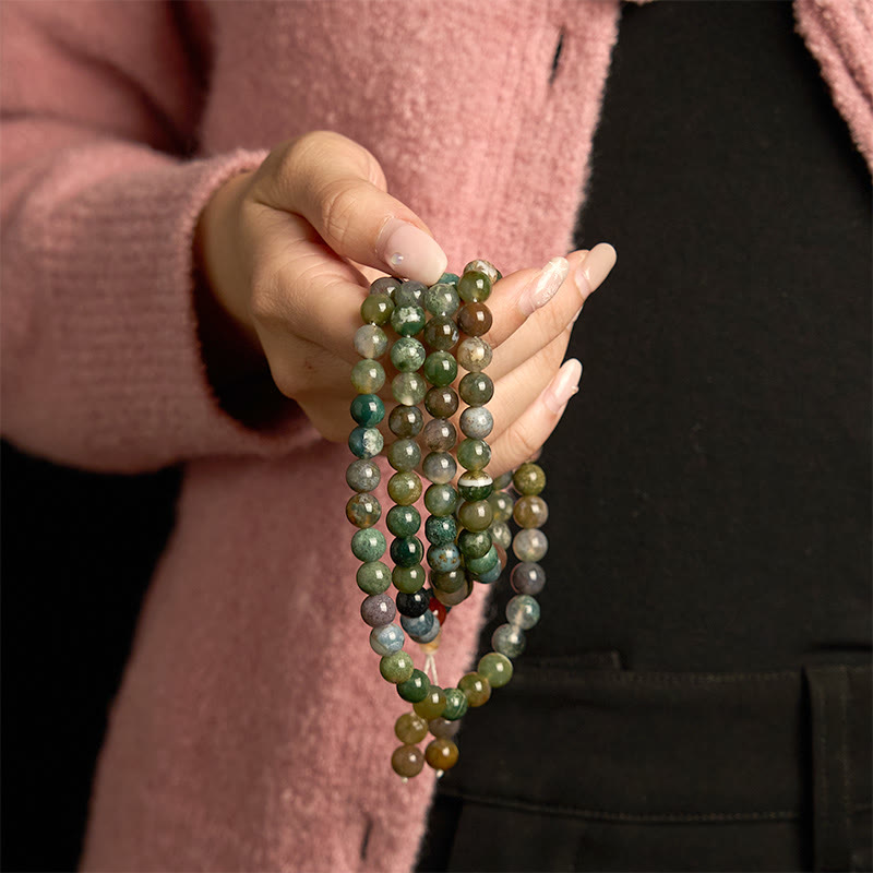 Buddha Stones 108 Koraliki Mala Naturalny Kamień Agat Mchu Wieloobrotowa Bransoletka Lecznicza