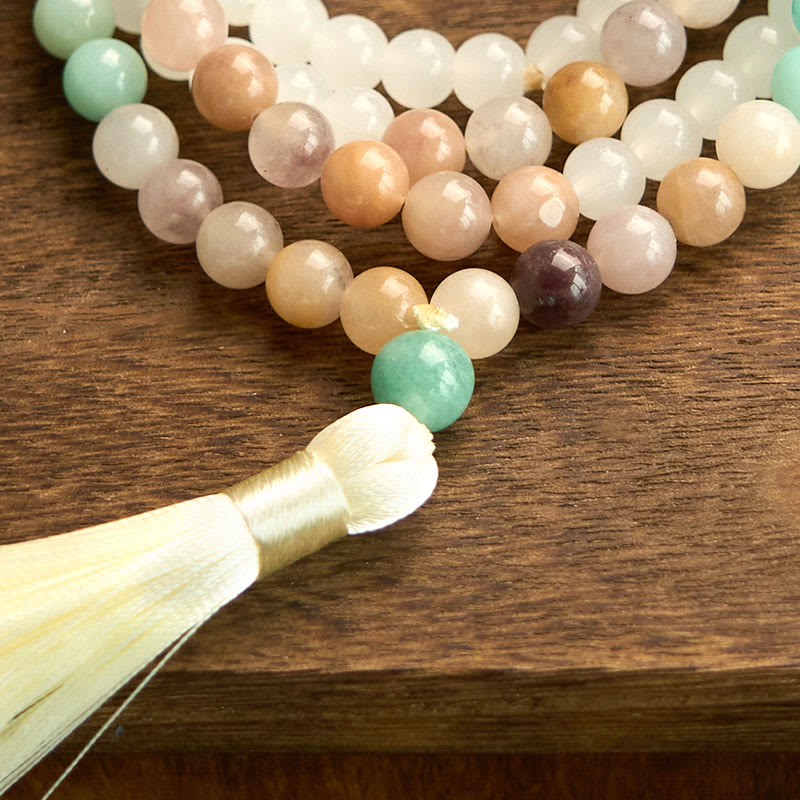 Buddha Stones 108 Mala Beads Naturalny Biały Jadeit Amazonit Biały Tassel Healing Bransoletka