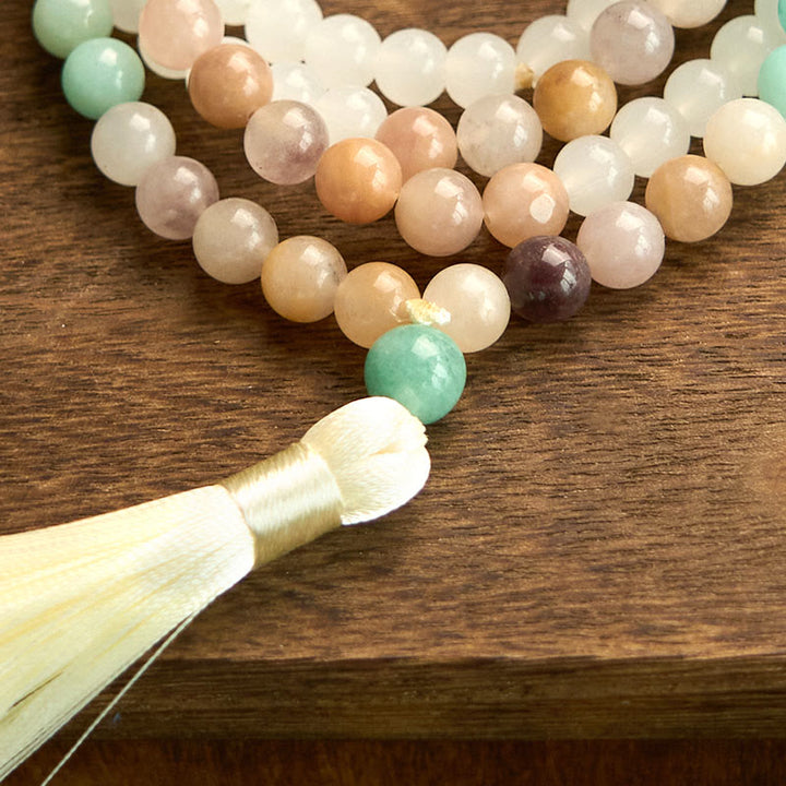 Buddha Stones 108 Mala Beads Naturalny Biały Jadeit Amazonit Biały Tassel Healing Bransoletka