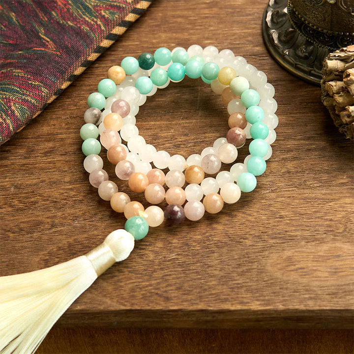 Buddha Stones 108 Mala Beads Naturalny Biały Jadeit Amazonit Biały Tassel Healing Bransoletka