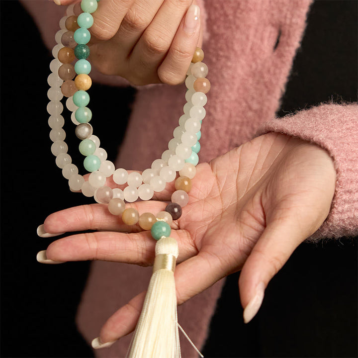 Buddha Stones 108 Mala Beads Naturalny Biały Jadeit Amazonit Biały Tassel Healing Bransoletka