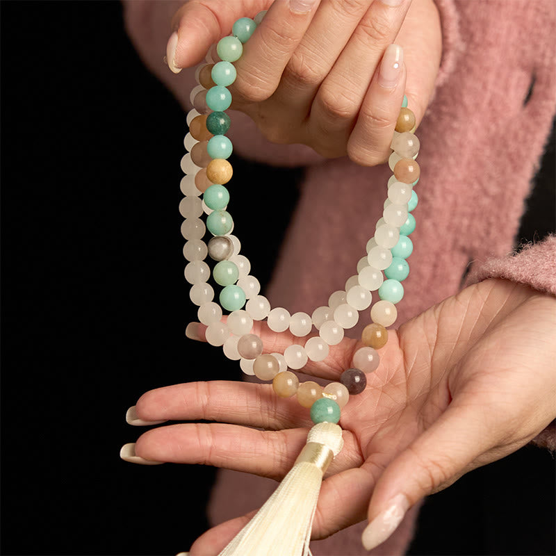 Buddha Stones 108 Mala Beads Naturalny Biały Jadeit Amazonit Biały Tassel Healing Bransoletka