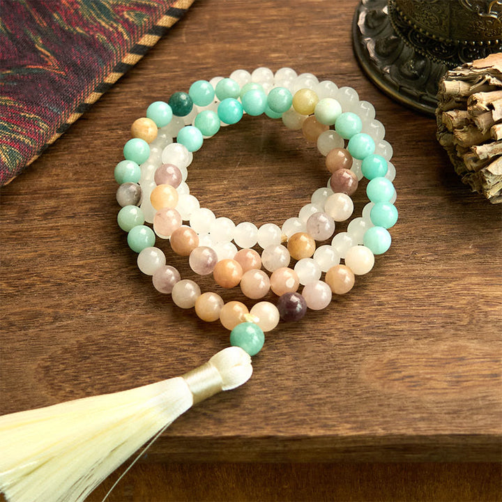 Buddha Stones 108 Mala Beads Naturalny Biały Jadeit Amazonit Biały Tassel Healing Bransoletka