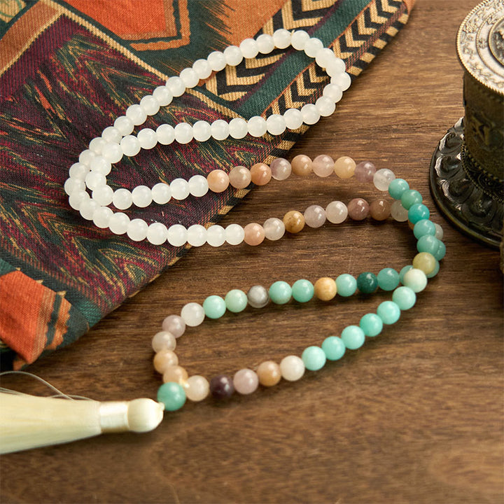 Buddha Stones 108 Mala Beads Naturalny Biały Jadeit Amazonit Biały Tassel Healing Bransoletka