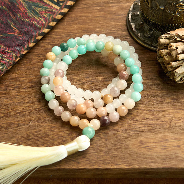 Buddha Stones 108 Mala Beads Naturalny Biały Jadeit Amazonit Biały Tassel Healing Bransoletka