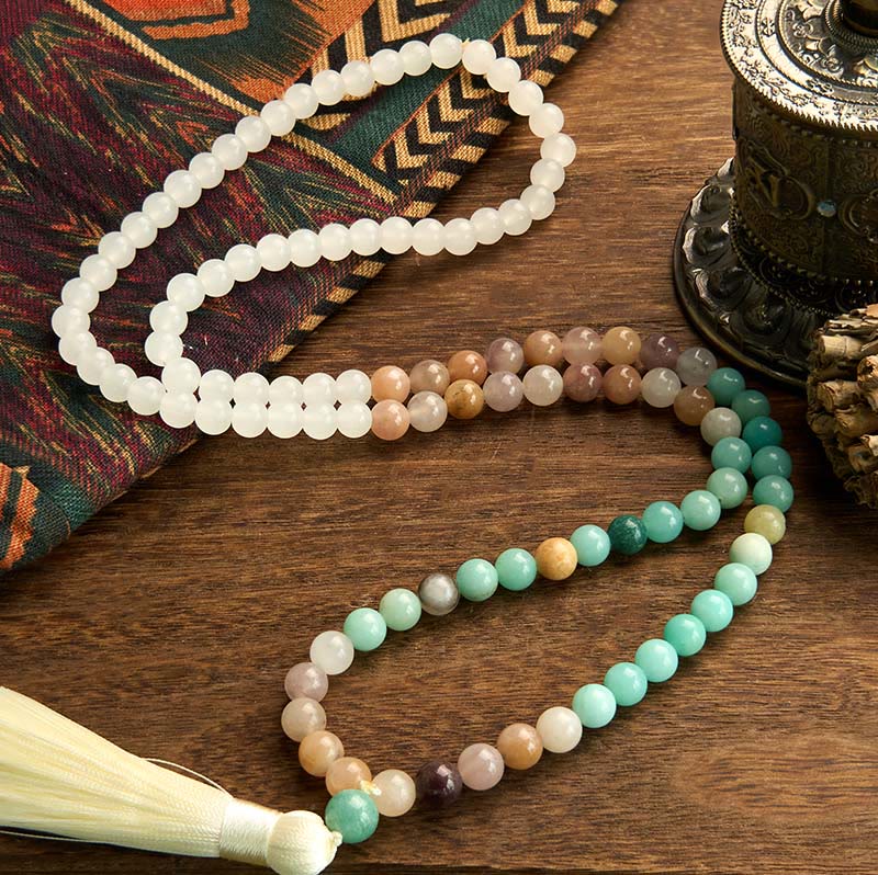 Buddha Stones 108 Mala Beads Naturalny Biały Jadeit Amazonit Biały Tassel Healing Bransoletka