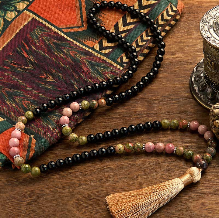 Buddha Stones 108 Mala Koraliki Czarny Jaspis Rodonit Khaki Tassel Bransoletka Uzdrawiająca
