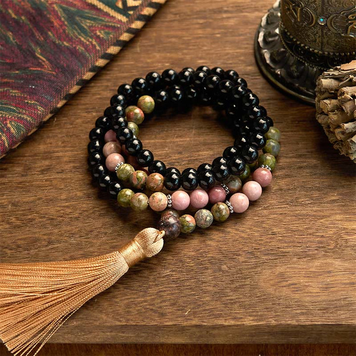 Buddha Stones 108 Mala Koraliki Czarny Jaspis Rodonit Khaki Tassel Bransoletka Uzdrawiająca