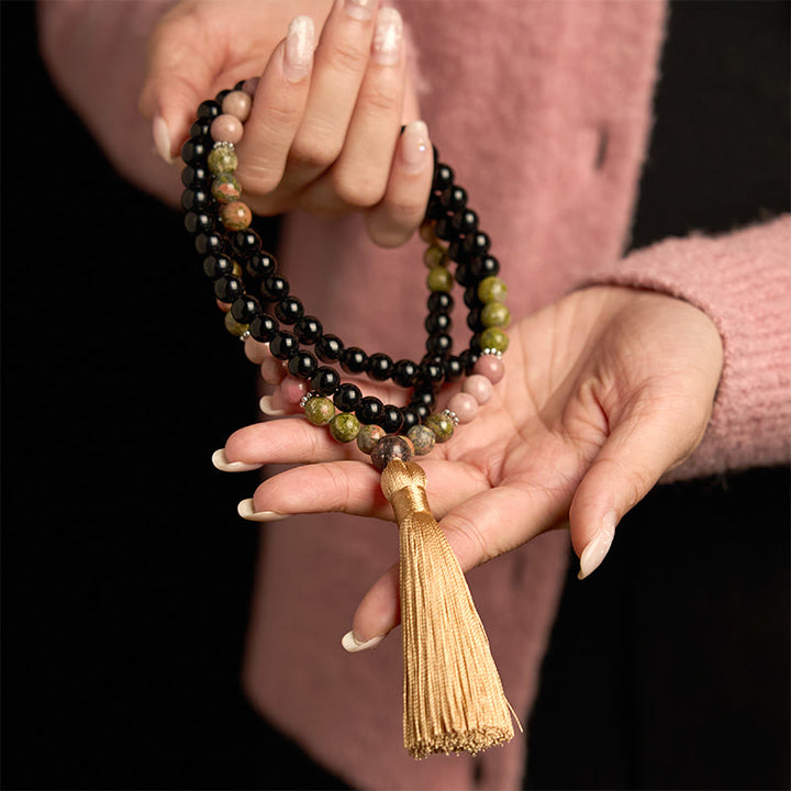 Buddha Stones 108 Mala Koraliki Czarny Jaspis Rodonit Khaki Tassel Bransoletka Uzdrawiająca