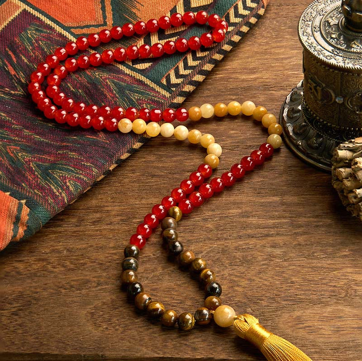 Buddha Stones 108 Mala Beads Czerwony Agat Tygrysie Oko Żółty Tassel Spokojna Bransoletka