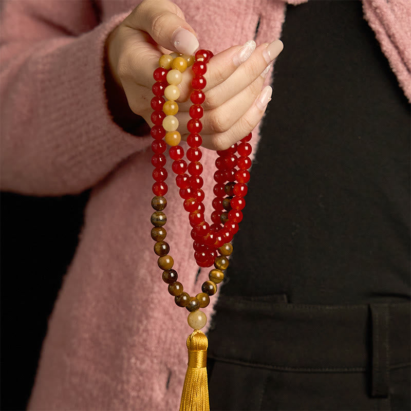 Buddha Stones 108 Mala Beads Czerwony Agat Tygrysie Oko Żółty Tassel Spokojna Bransoletka