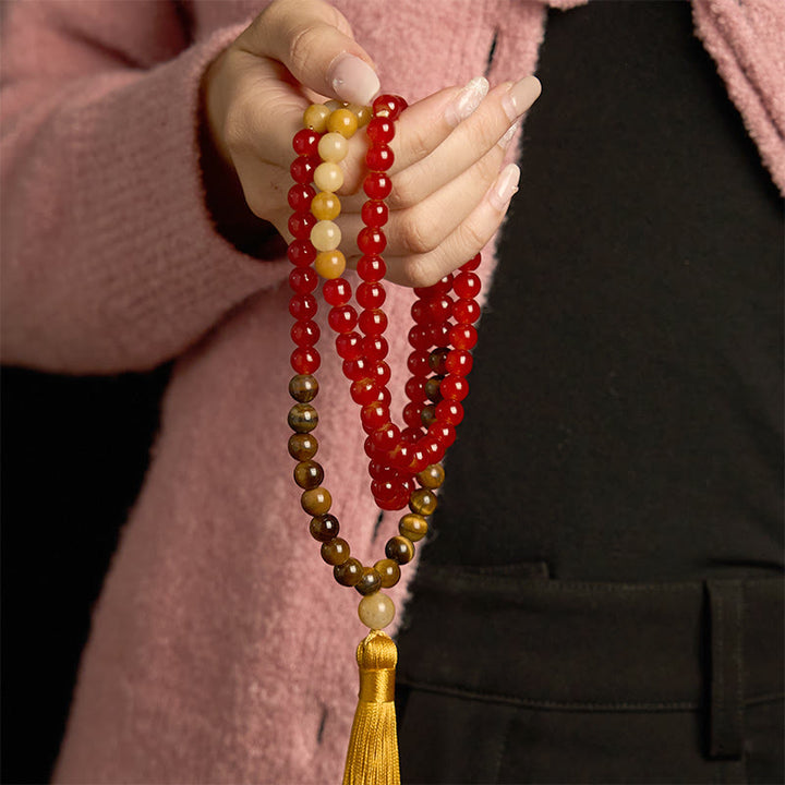 Buddha Stones 108 Mala Beads Czerwony Agat Tygrysie Oko Żółty Tassel Spokojna Bransoletka