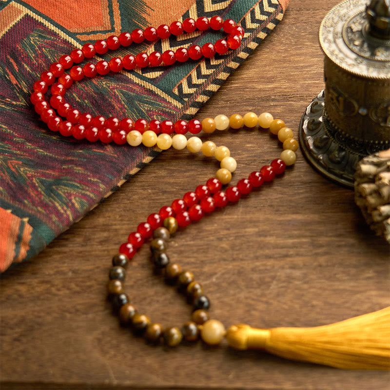 Buddha Stones 108 Mala Beads Czerwony Agat Tygrysie Oko Żółty Tassel Spokojna Bransoletka
