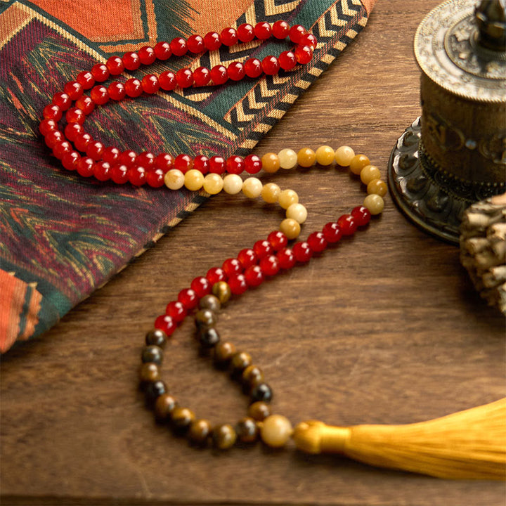 Buddha Stones 108 Mala Beads Czerwony Agat Tygrysie Oko Żółty Tassel Spokojna Bransoletka