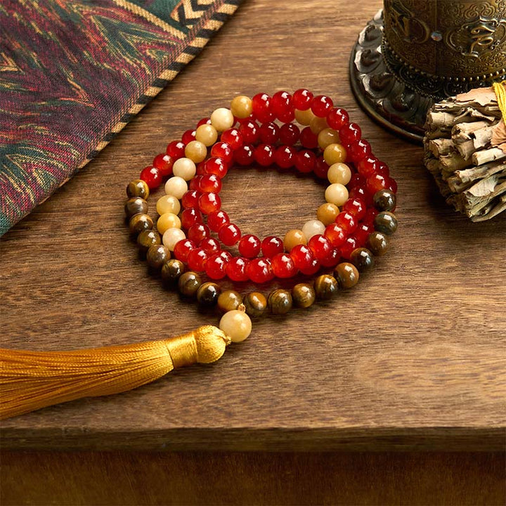 Buddha Stones 108 Mala Beads Czerwony Agat Tygrysie Oko Żółty Tassel Spokojna Bransoletka
