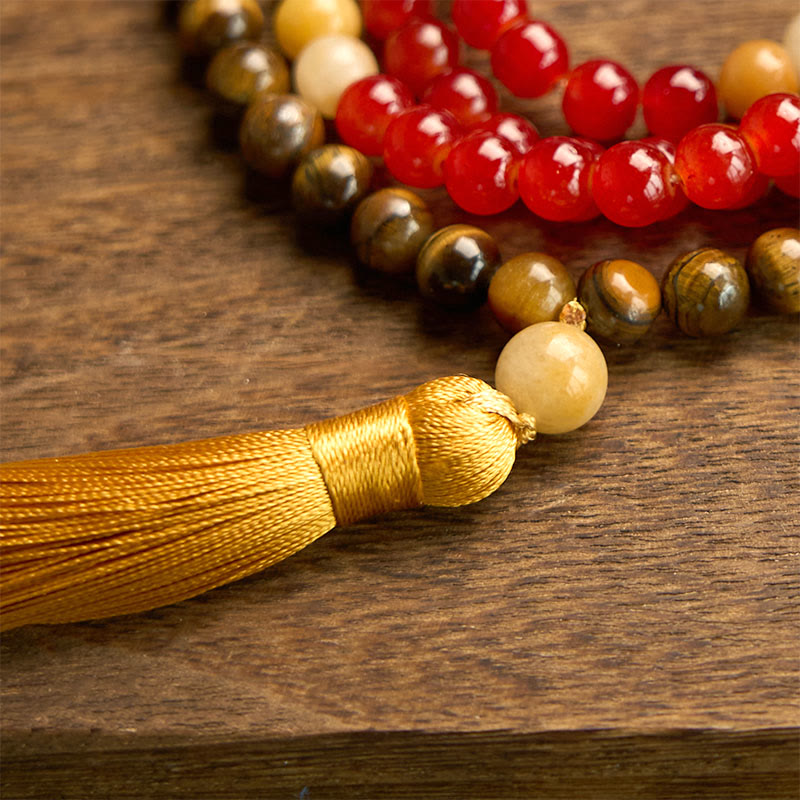 Buddha Stones 108 Mala Beads Czerwony Agat Tygrysie Oko Żółty Tassel Spokojna Bransoletka